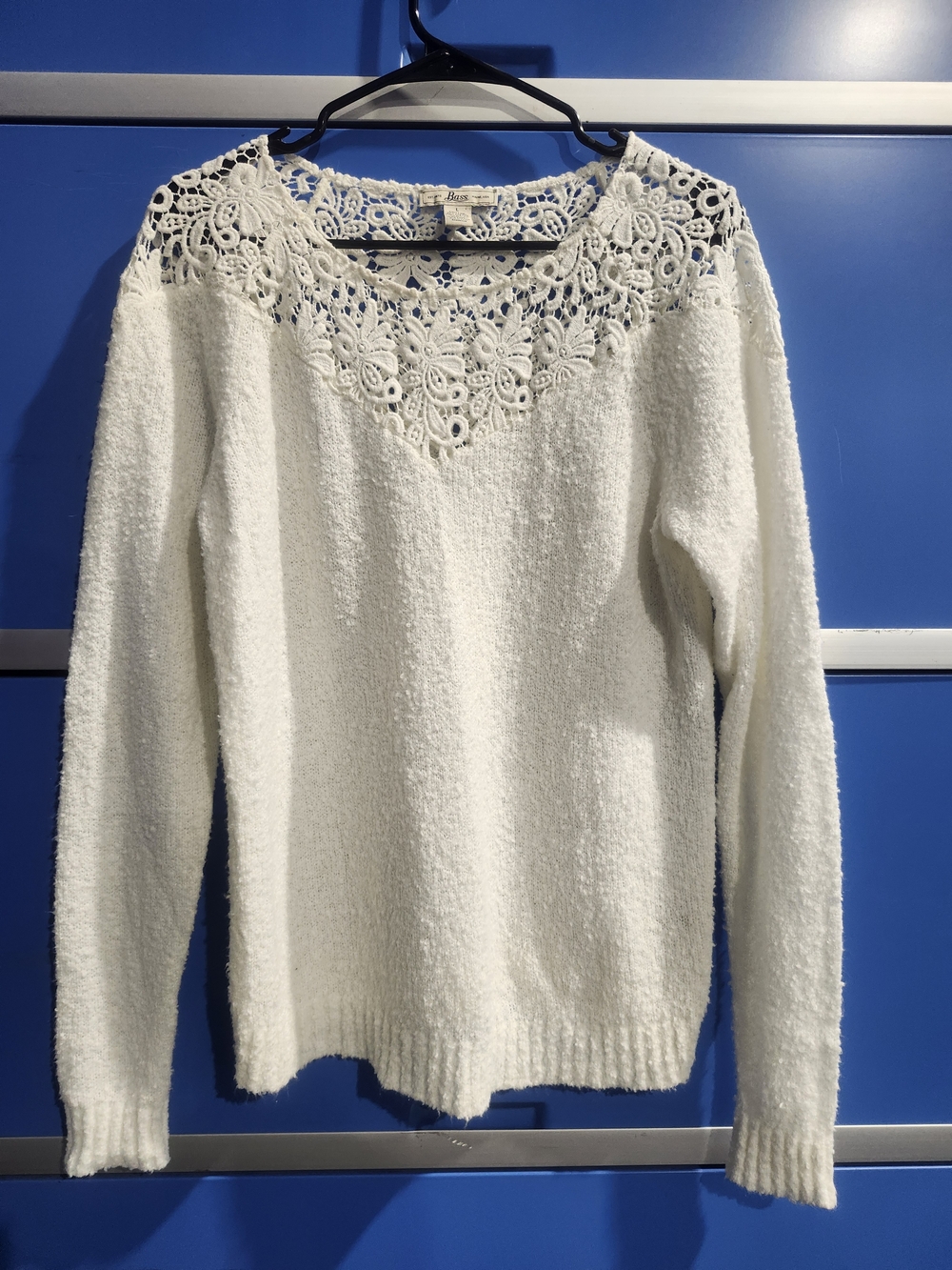 Bass Very Soft Women's White Crochet-Yoke Lightweight Crewneck Sweater - Size L